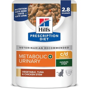 Hill’s Prescription Diet c/d Multicare + Metabolic Wet Cat Food, Vegetable, Tuna, & Chicken Stew, 2.8 oz. Pouches, 24-Pack