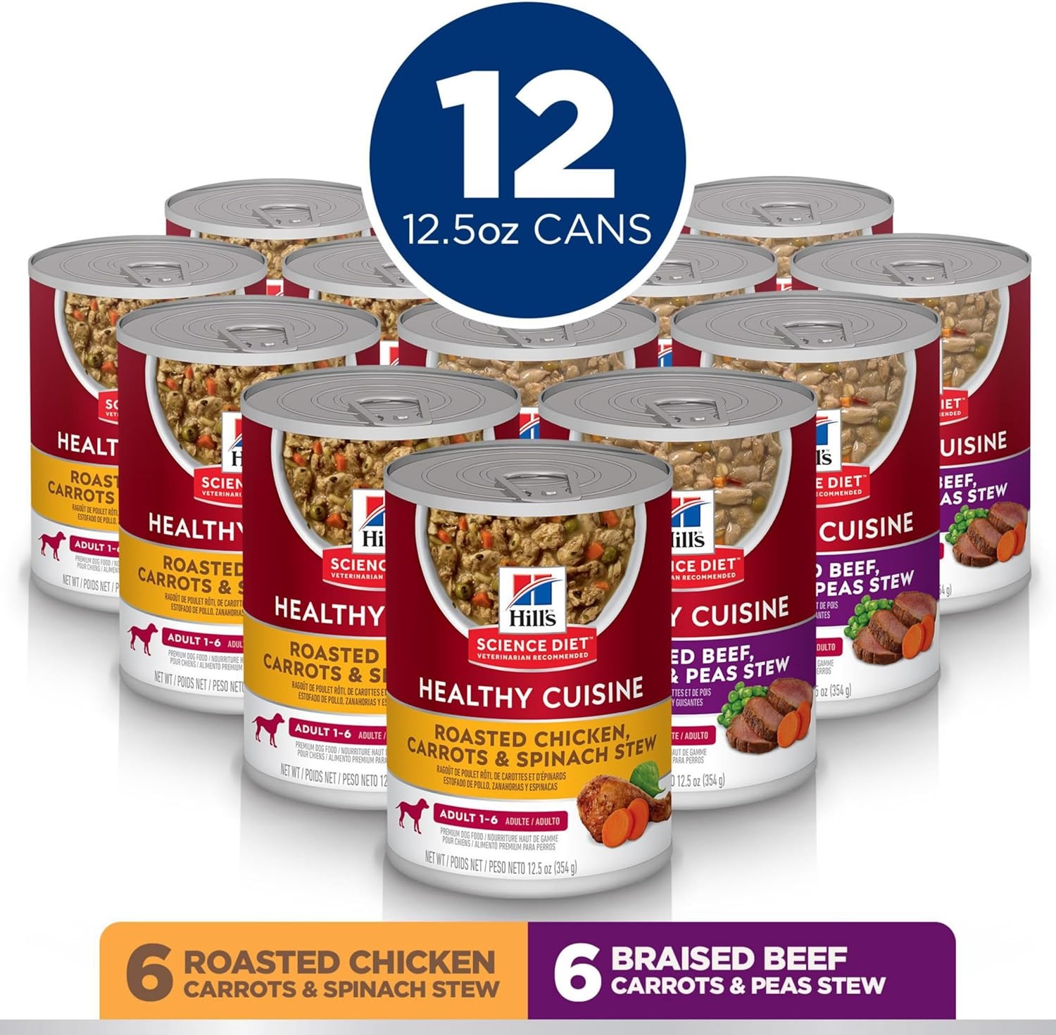 image:imageHills Science Diet Adult 16 Healthy Cuisine Wet Dog Food Braised Beef Carrots amp Peas Stew 125 oz Cans 12PackVariety Pack Roasted Chicken Carrots Spinach Braised Beef Carrots Peas Stew