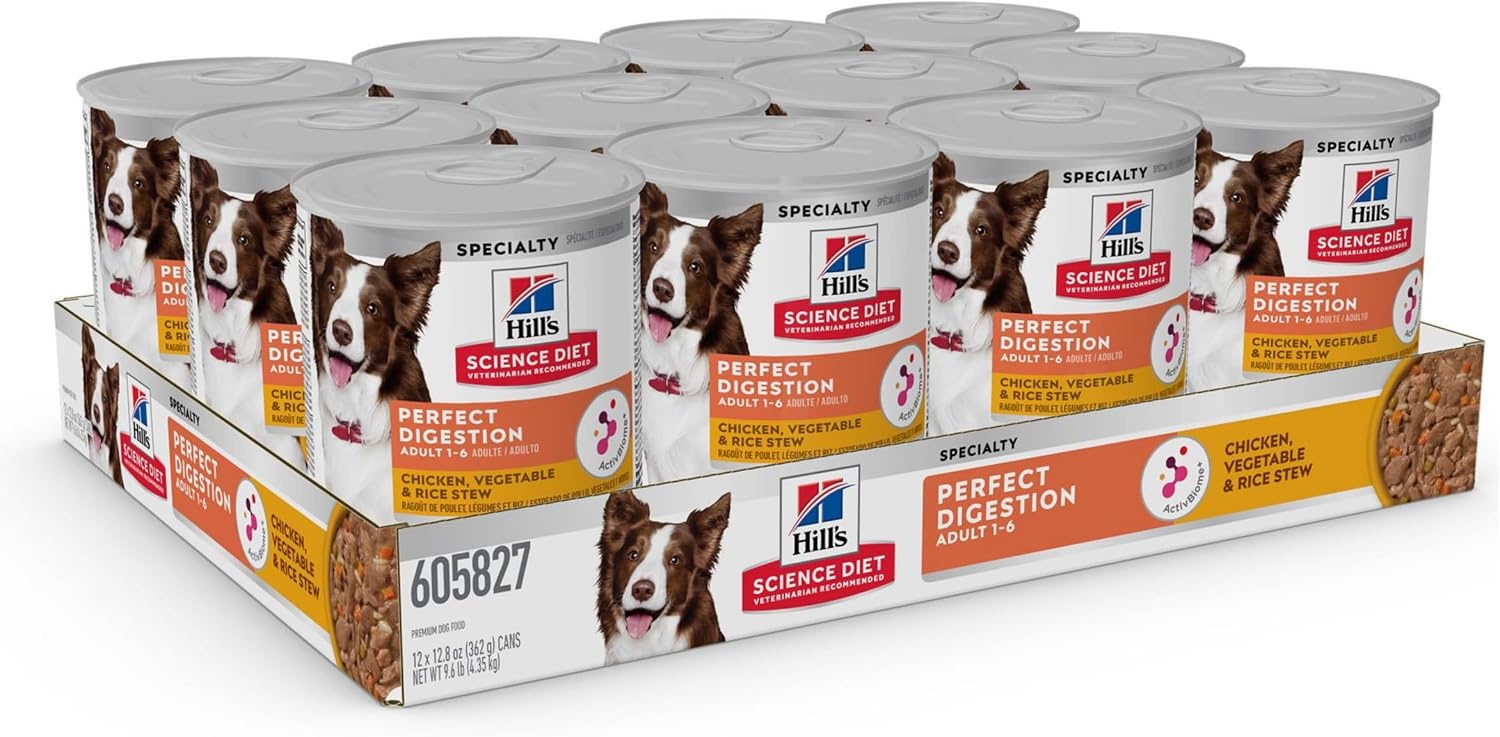 image:imageHills Science Diet Adult 16 Perfect Digestion Wet Dog Food Chicken Vegetable amp Rice 128 oz Cans 12PackChicken Vegetable Rice Stew