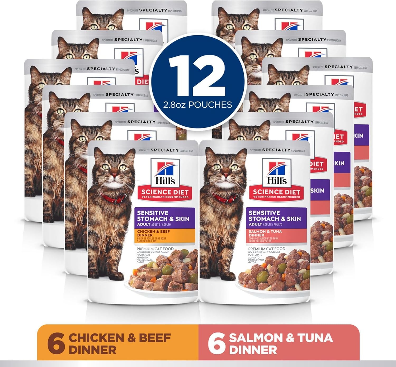 image:imageHills Science Diet Adult Sensitive Stomach amp Skin Wet Cat Food Chicken amp Beef 28 oz Pouches 24PackVariety Pack Chicken Beef Salmon Tuna Stew