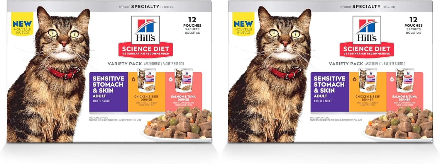 image:imageHills Science Diet Adult Sensitive Stomach amp Skin Wet Cat Food Chicken amp Beef 28 oz Pouches 24PackVariety Pack Chicken Beef Salmon Tuna Stew
