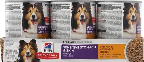 image:imageHills Science Diet Adult Sensitive Stomach amp Skin Wet Dog Food Variety Pack Chicken amp Vegetable Salmon amp Vegetable 128 oz Cans 12PackChicken Vegetables Loaf