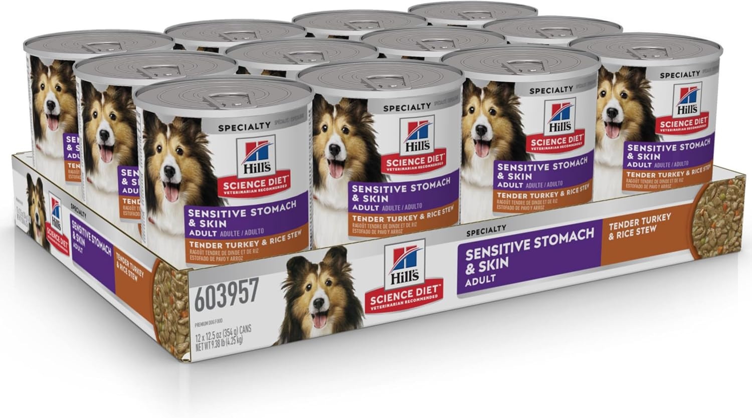 image:imageHills Science Diet Adult Sensitive Stomach amp Skin Wet Dog Food Variety Pack Chicken amp Vegetable Salmon amp Vegetable 128 oz Cans 12PackTurkey Rice Stew