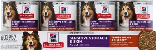 image:imageHills Science Diet Adult Sensitive Stomach amp Skin Wet Dog Food Variety Pack Chicken amp Vegetable Salmon amp Vegetable 128 oz Cans 12PackTurkey Rice Stew