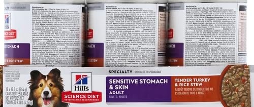 image:imageHills Science Diet Adult Sensitive Stomach amp Skin Wet Dog Food Variety Pack Chicken amp Vegetable Salmon amp Vegetable 128 oz Cans 12PackTurkey Rice Stew
