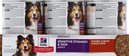 image:imageHills Science Diet Adult Sensitive Stomach amp Skin Wet Dog Food Variety Pack Chicken amp Vegetable Salmon amp Vegetable 128 oz Cans 12PackTurkey Rice Stew