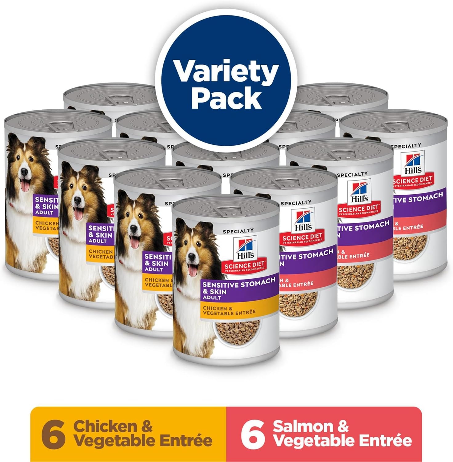 image:imageHills Science Diet Adult Sensitive Stomach amp Skin Wet Dog Food Variety Pack Chicken amp Vegetable Salmon amp Vegetable 128 oz Cans 12PackVariety Pack Chicken Vegetables Salmon Vegetables Loaf