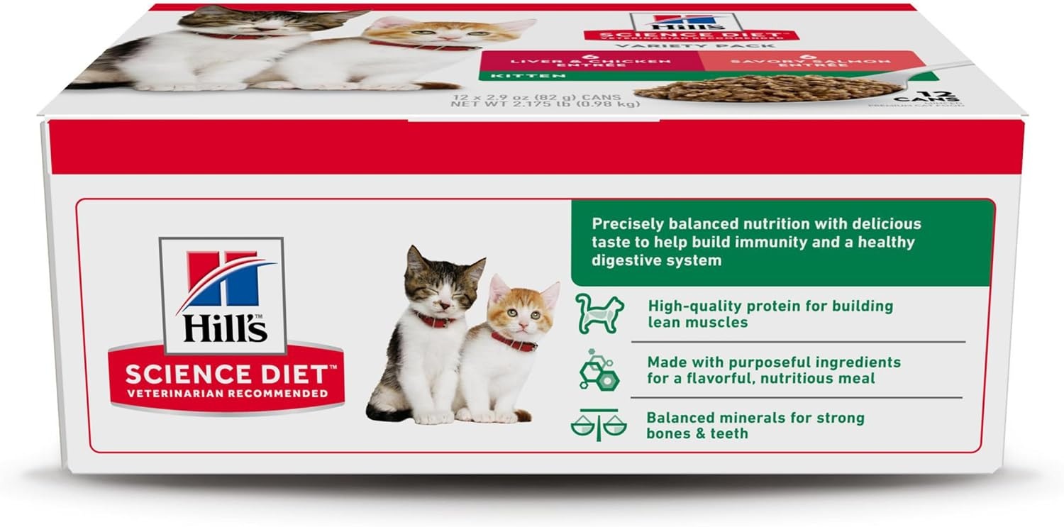 image:imageHills Science Diet Kitten Wet Cat Food Variety Pack Liver amp Chicken Salmon Minced 29 oz Cans 12PackVariety Pack Liver Chicken Salmon Minced