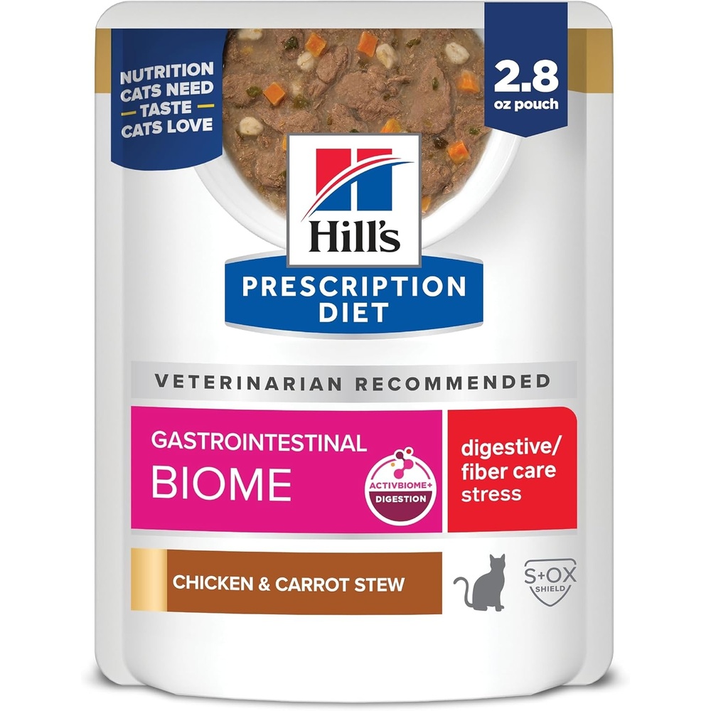 image:imageHills Prescription Diet Gastrointestinal Biome  Stress DigestiveFiber Care Wet Cat Food Chicken amp Carrot Stew 28 oz Pouches 24Pack