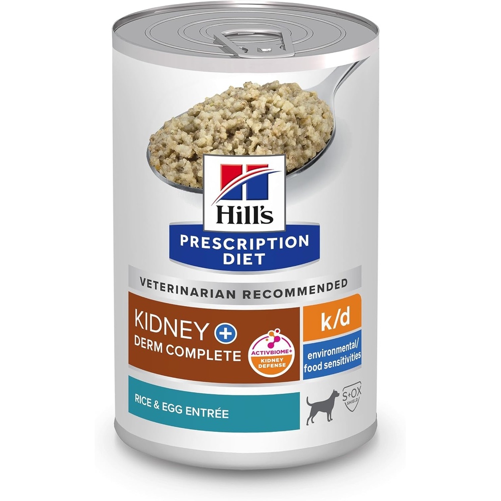 image:imageHills Prescription Diet kd Kidney Care  Derm Complete Rice amp Egg Entree Wet Dog Food Veterinary Diet 13 oz Can