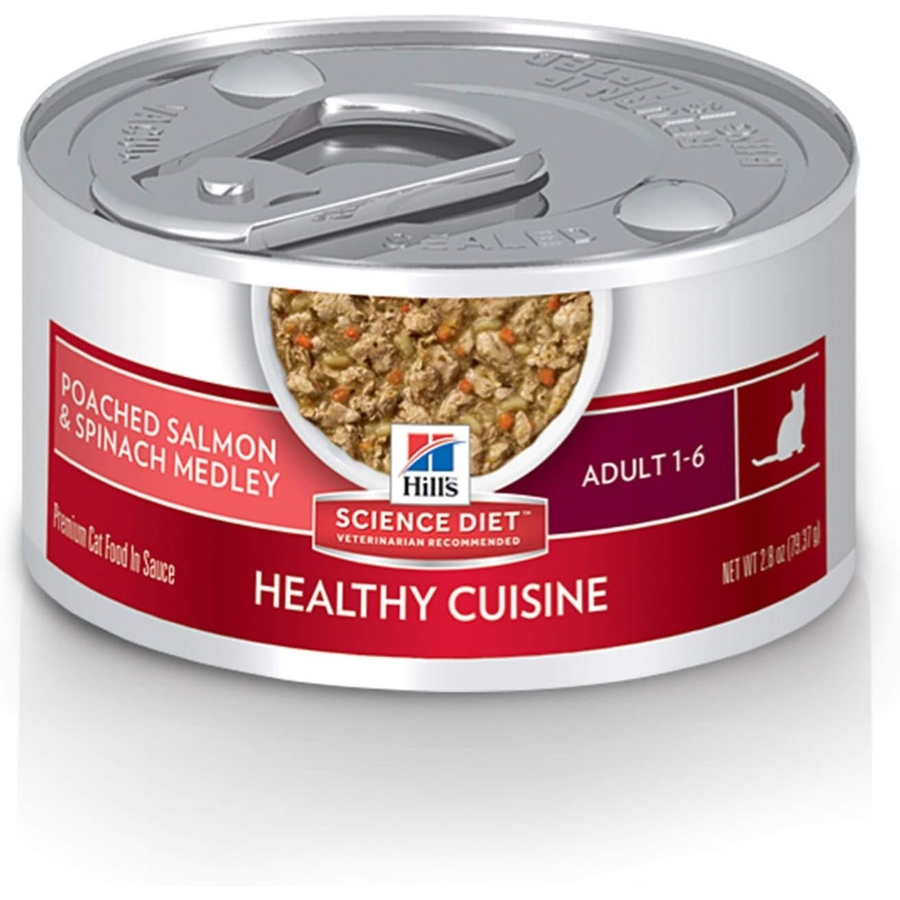 image:imageHills Science Diet Adult 16 Healthy Cuisine Wet Cat Food Roasted Chicken amp Rice Medley in Gravy 28 oz Cans 24PackPoached Salmon Spinach Stew