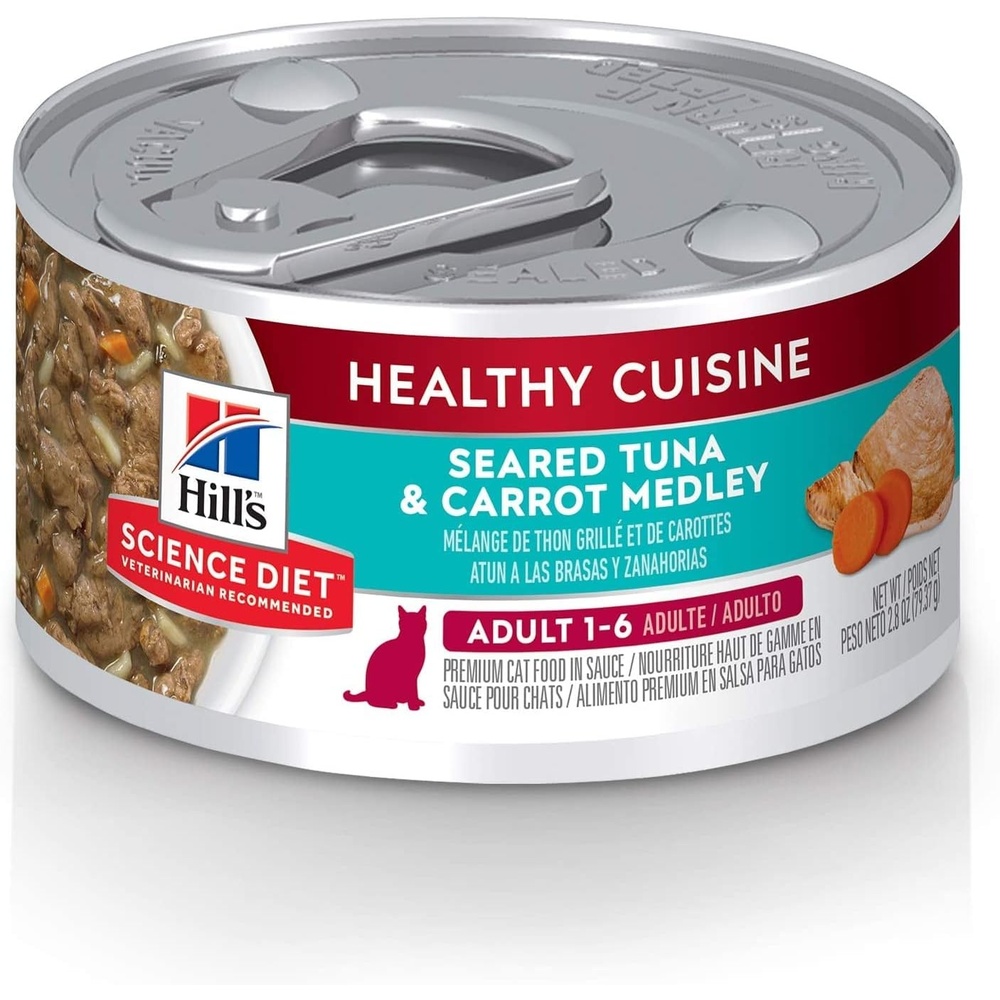 image:imageHills Science Diet Adult 16 Healthy Cuisine Wet Cat Food Roasted Chicken amp Rice Medley in Gravy 28 oz Cans 24PackSeared Tuna  Carrot Stew