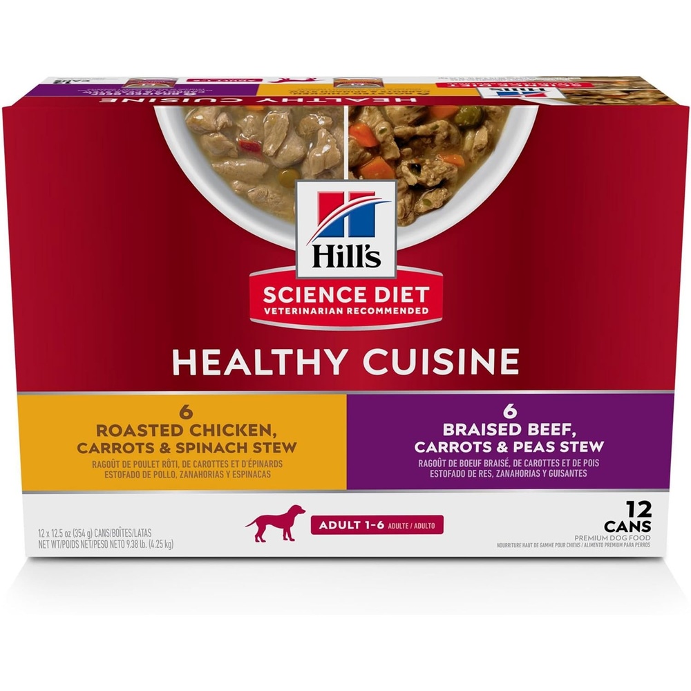 image:imageHills Science Diet Adult 16 Healthy Cuisine Wet Dog Food Braised Beef Carrots amp Peas Stew 125 oz Cans 12PackVariety Pack Roasted Chicken  Carrots  Spinach Braised Beef   Carrots  Peas Stew