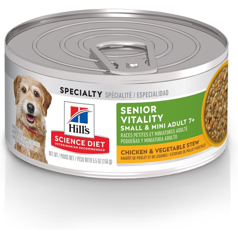 image:imageHills Science Diet Adult 7 Senior Vitality Small amp Mini Wet Dog Food Chicken amp Vegetable Stew 55 oz Cans 24Pack