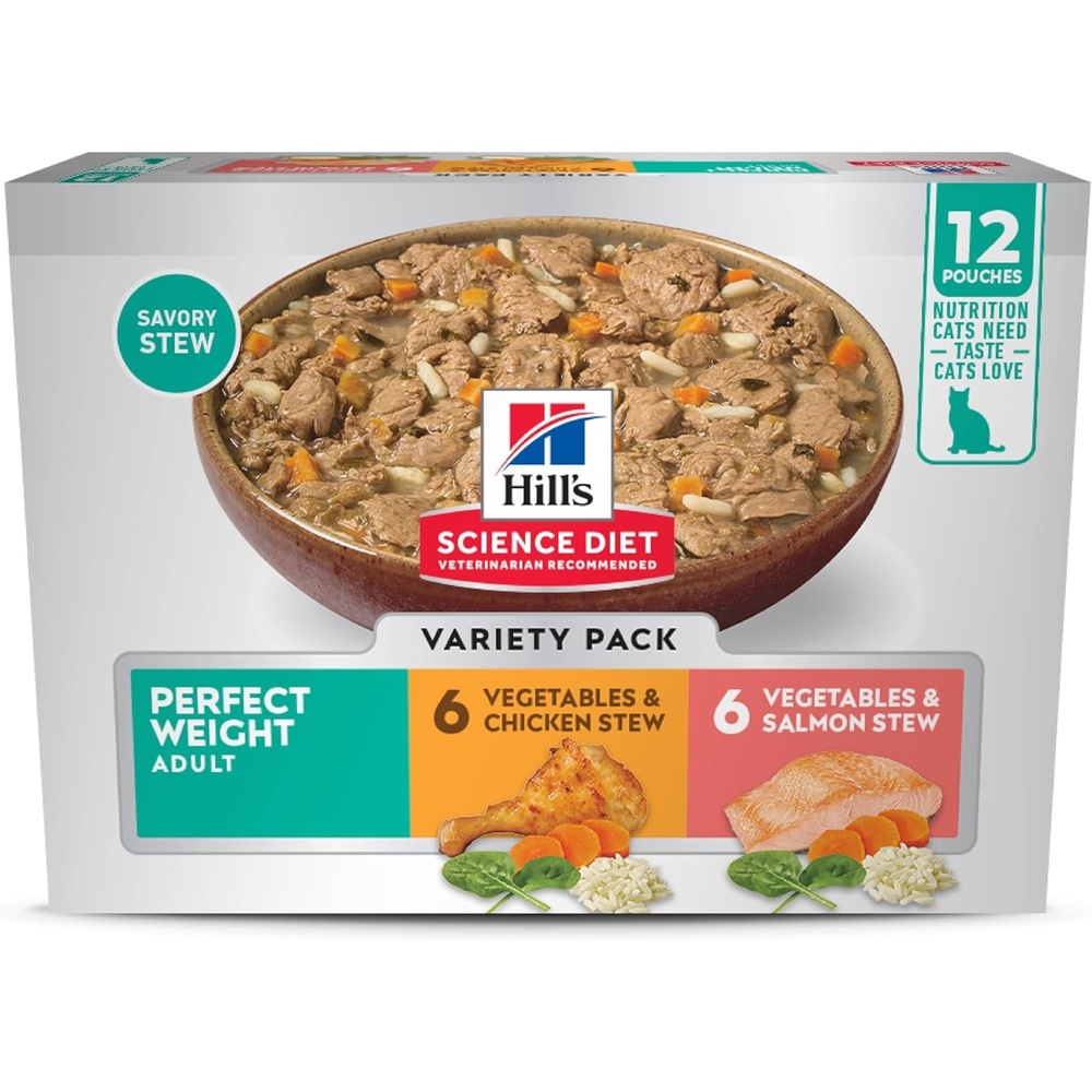 image:imageHills Science Diet Adult Perfect Weight Wet Cat Food Vegetables amp Salmon Stew 28 oz Pouches 24PackVariety Pack Chicken Vegetables Salmon Vegetables Stew