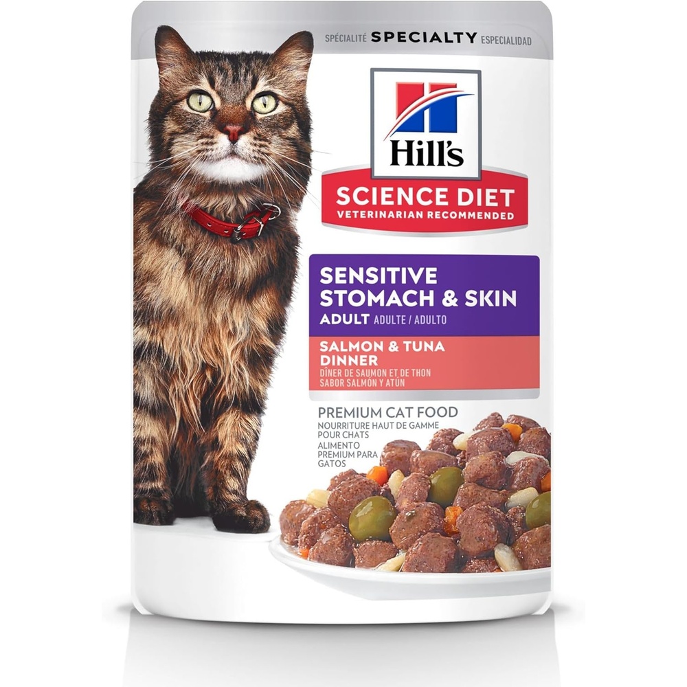 image:imageHills Science Diet Adult Sensitive Stomach amp Skin Wet Cat Food Chicken amp Beef 28 oz Pouches 24PackSalmon Tuna Stew
