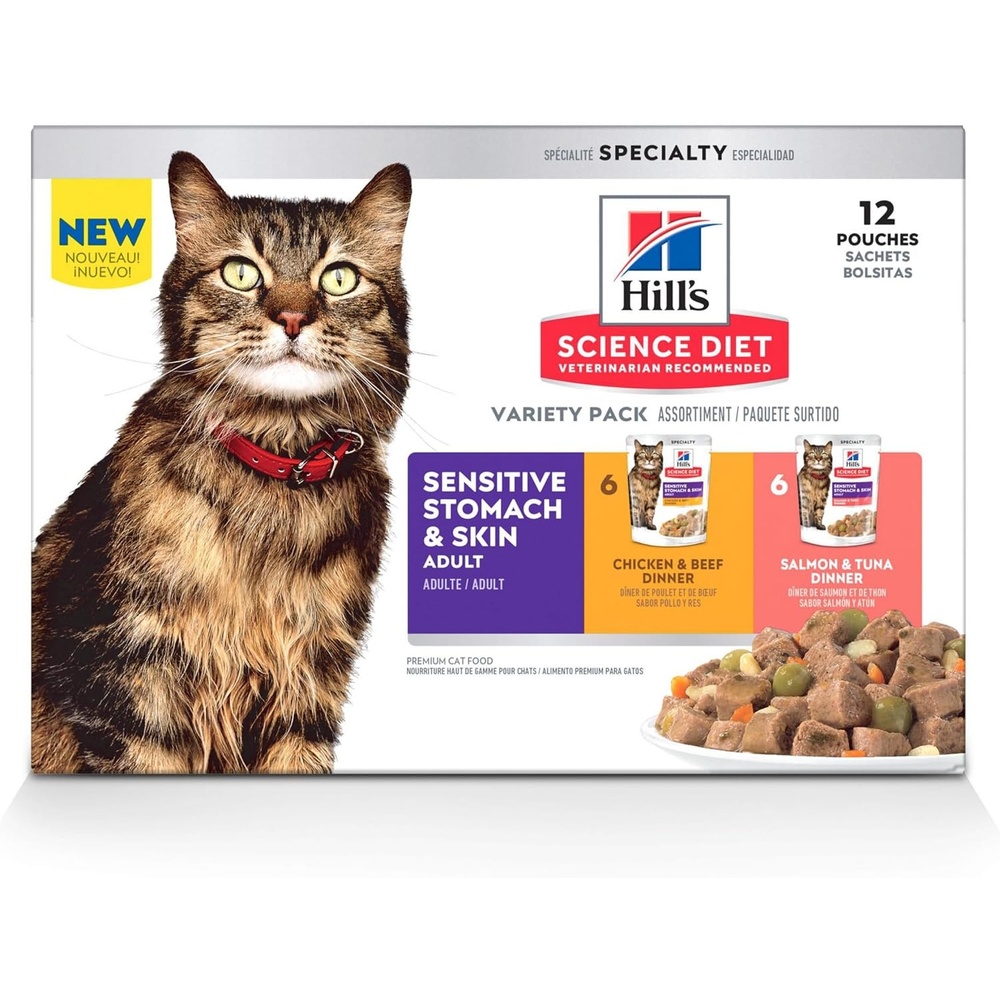 image:imageHills Science Diet Adult Sensitive Stomach amp Skin Wet Cat Food Chicken amp Beef 28 oz Pouches 24PackVariety Pack Chicken Beef Salmon Tuna Stew