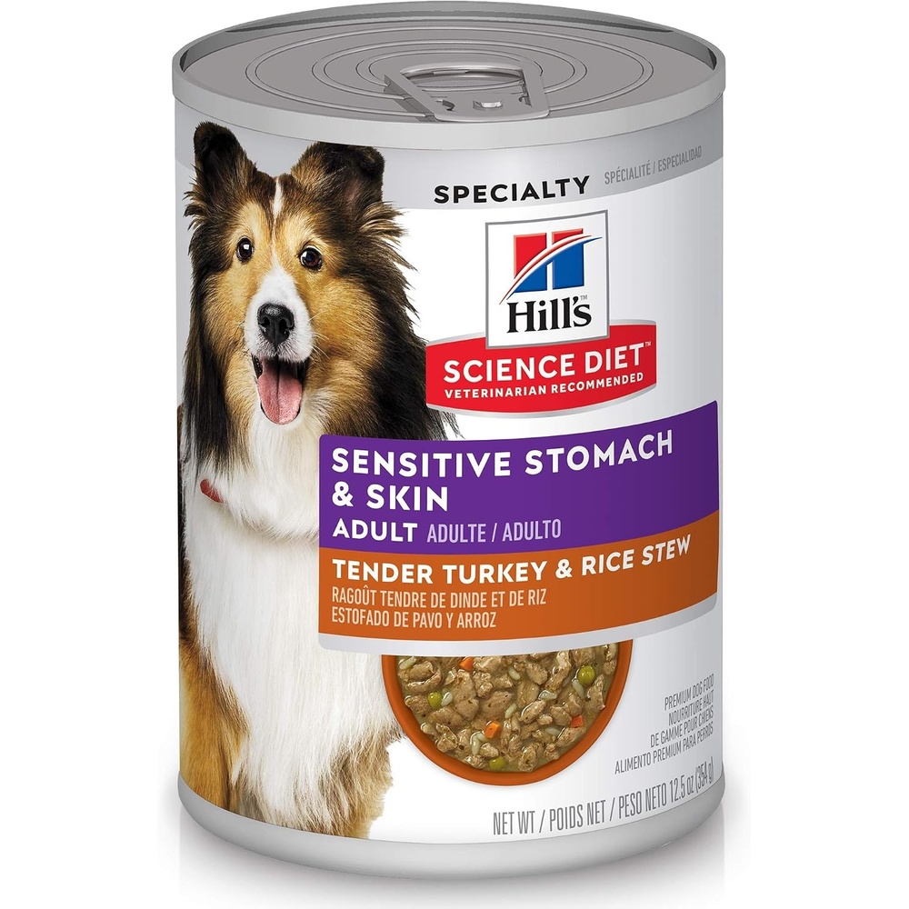 image:imageHills Science Diet Adult Sensitive Stomach amp Skin Wet Dog Food Variety Pack Chicken amp Vegetable Salmon amp Vegetable 128 oz Cans 12PackTurkey Rice Stew