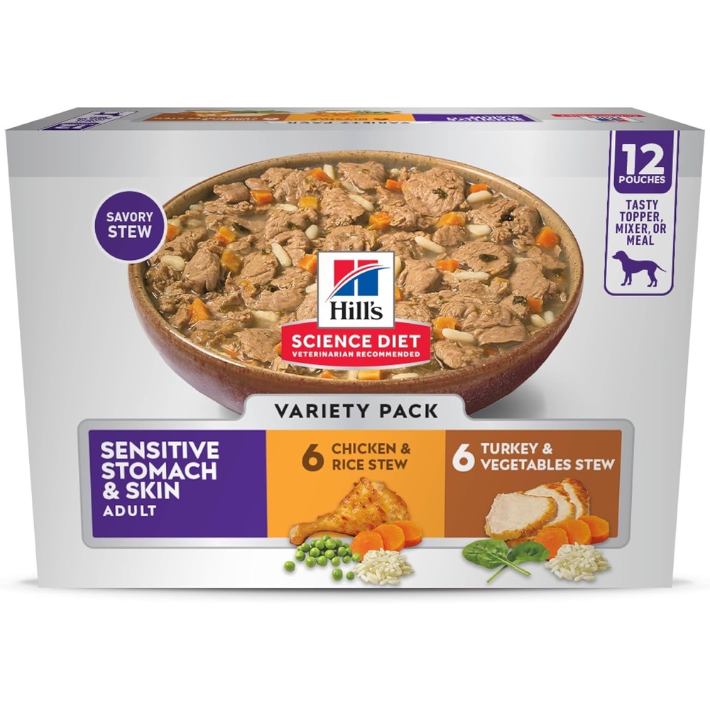 image:imageHills Science Diet Sensitive Stomach amp Skin Adult 16 Stomach amp Skin Sensitivity Support Wet Dog Food Chicken amp Rice Stew 28 oz Pouch Case of 24Variety Pack Chicken Turkey Stew