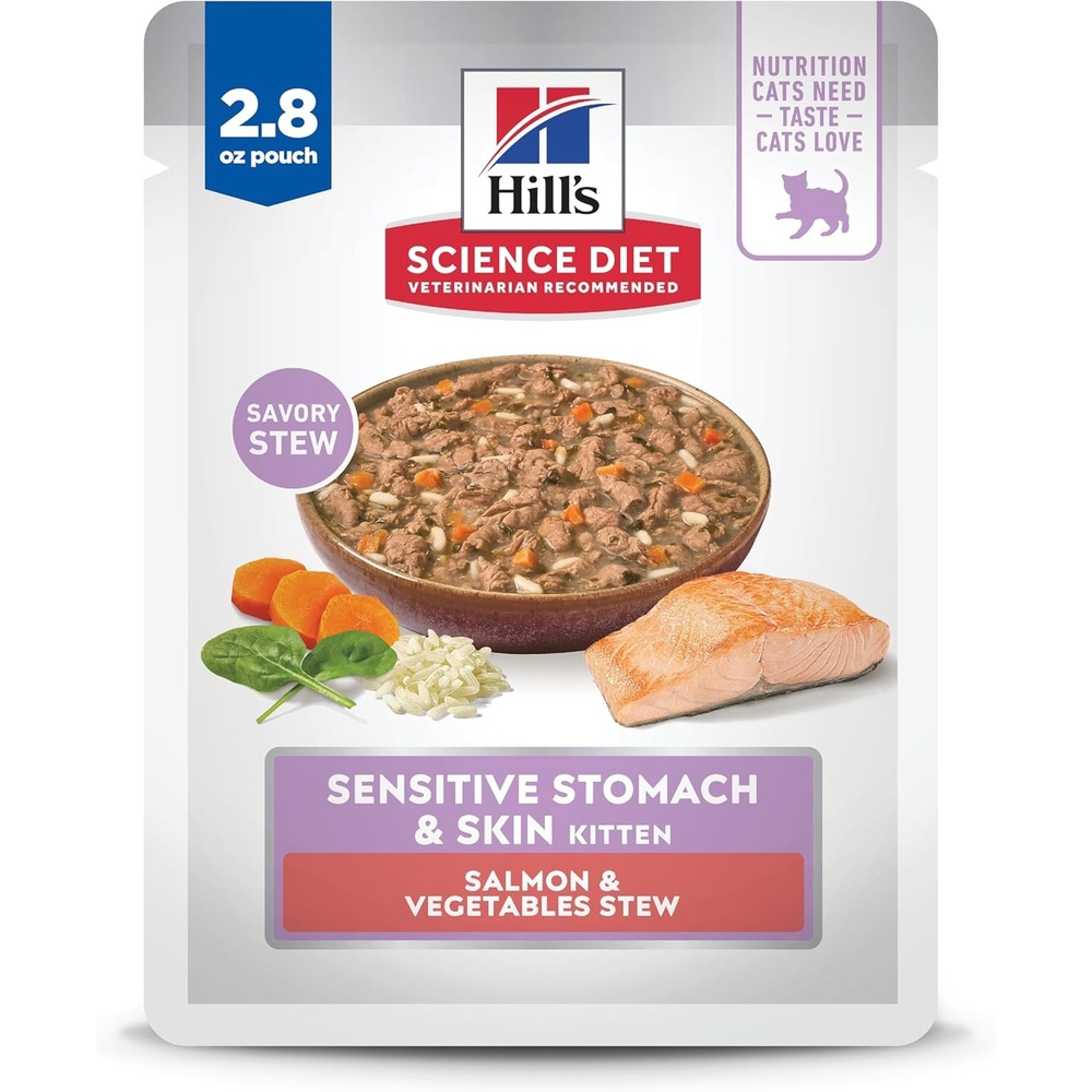 image:imageHills Science Diet Sensitive Stomach amp Skin Kitten Stomach amp Skin Sensitivity Support Wet Cat Food Salmon amp Vegetables Stew 28 oz Pouch Case of 24