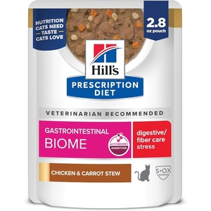 Hill’s Prescription Diet Gastrointestinal Biome + Stress Digestive/Fiber Care Wet Cat Food, Chicken & Carrot Stew, 2.8 oz. Pouches, 24-Pack
