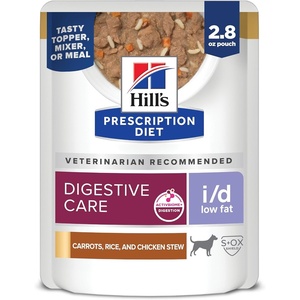 Hill’s Prescription Diet i/d Low Fat Wet Dog Food, Chicken, Carrot, & Rice Stew, 2.8 oz. Pouches, 24-Pack