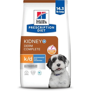 Hill’s Prescription Diet k/d Kidney Care + Derm Complete Rice & Egg Entree Dry Dog Food, Veterinary Diet, 14.3 lb Bag