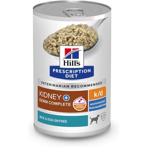 Hill’s Prescription Diet k/d Kidney Care + Derm Complete Rice & Egg Entree Wet Dog Food, Veterinary Diet, 13 oz Can