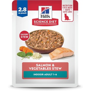 Hill’s Science Diet Adult 1-6 Indoor Wet Cat Food, Salmon & Vegetables Stew, 2.8 oz. Pouches, 24-Pack
