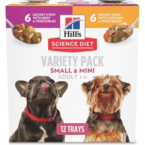 Hill’s Science Diet Adult 1-6 Small & Mini Wet Dog Food, Chicken & Vegetables, 3.5 oz. Trays, 12-Pack(Variety Pack: Chicken & Vegetables Stew  Salmon & Vegetables Stew)