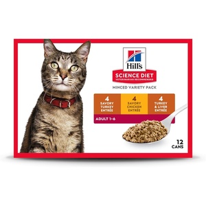 Hill’s Science Diet Adult 1-6 Wet Cat Food, Turkey, 5.5 oz. Cans, 24-Pack(Variety Pack: Turkey; Chicken; Turkey & Liver Minced)