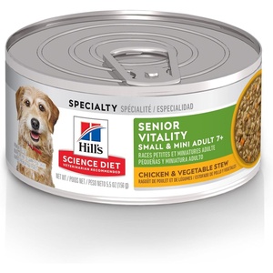 Hill’s Science Diet Adult 7+ Senior Vitality Small & Mini Wet Dog Food, Chicken & Vegetable Stew, 5.5 oz. Cans, 24-Pack