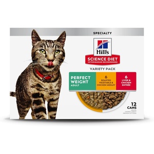 Hill’s Science Diet Adult Perfect Weight Wet Cat Food, Vegetable & Salmon, 2.9 oz. Cans, 24-Pack(Variety Pack: Liver & Chicken Minced; Chicken Stew)