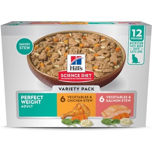 Hill’s Science Diet Adult Perfect Weight Wet Cat Food, Vegetables & Salmon Stew, 2.8 oz. Pouches, 24-Pack(Variety Pack: Chicken & Vegetables  Salmon & Vegetables Stew)
