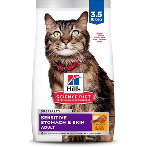 Hill’s Science Diet Adult Sensitive Stomach & Skin Dry Cat Food, Chicken & Rice, 3.5 lb. Bag (Updated Formula)(Chicken & Rice)