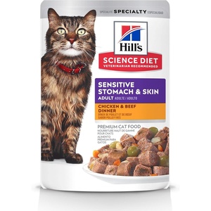 Hill’s Science Diet Adult Sensitive Stomach & Skin Wet Cat Food, Chicken & Beef, 2.8 oz. Pouches, 24-Pack(Chicken & Beef Stew)