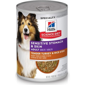Hill’s Science Diet Adult Sensitive Stomach & Skin Wet Dog Food Variety Pack, Chicken & Vegetable, Salmon & Vegetable, 12.8 oz. Cans, 12-Pack(Turkey & Rice Stew)