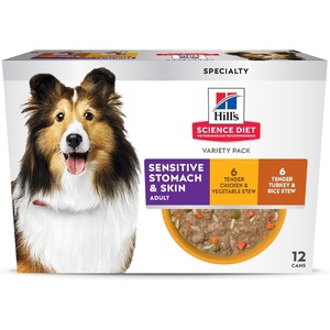 Hill’s Science Diet Adult Sensitive Stomach & Skin Wet Dog Food Variety Pack, Chicken & Vegetable, Salmon & Vegetable, 12.8 oz. Cans, 12-Pack(Variety Pack: Chicken  Turkey Stew)