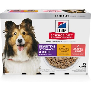 Hill’s Science Diet Adult Sensitive Stomach & Skin Wet Dog Food Variety Pack, Chicken & Vegetable, Salmon & Vegetable, 12.8 oz. Cans, 12-Pack(Variety Pack: Chicken & Vegetables; Salmon & Vegetables Loaf)