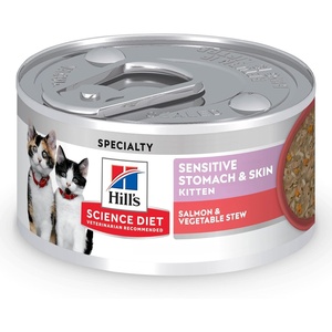 Hill’s Science Diet Kitten Sensitive Stomach & Skin Wet Cat Food, Salmon & Vegetable, 2.8 oz. Cans, 24-Pack
