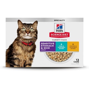 Hill’s Science Diet Sensitive Stomach & Skin, Adult 1-6, Stomach & Skin Sensitivity Support, Wet Cat Food, Tuna & Vegetables Minced, 2.9 oz Can, Case of 24(Variety Pack: Chicken; Tuna Minced)