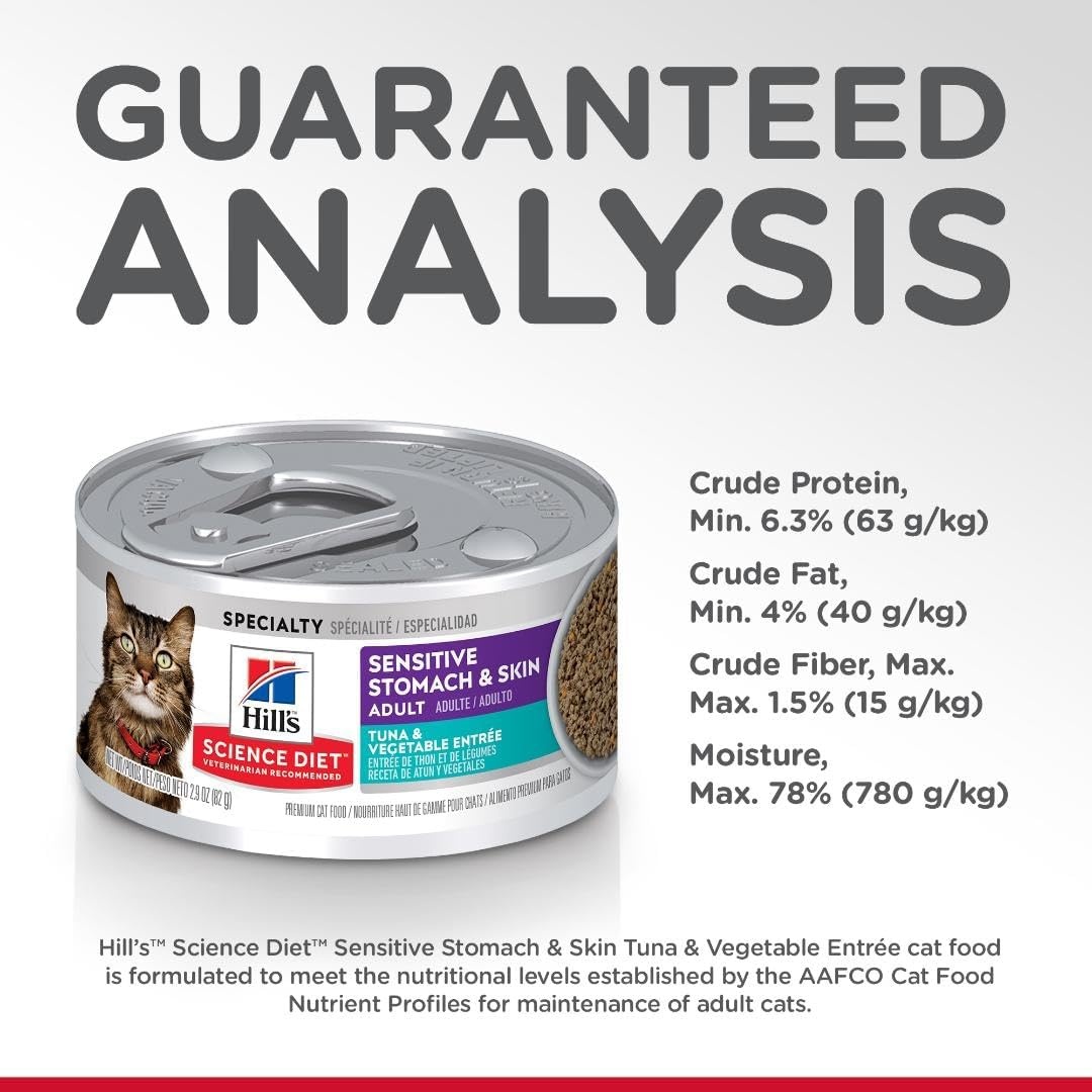 image:imageHills Science Diet Sensitive Stomach amp Skin Wet Cat Food Variety Pack 1 Veterinarian Recommended Adult Formula Chicken Tuna amp Salmon 29 oz Cans 24PackTuna Vegetables Minced