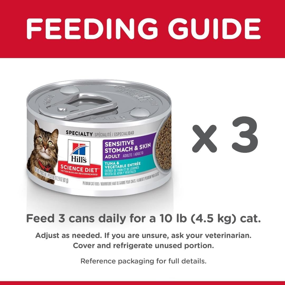 image:imageHills Science Diet Sensitive Stomach amp Skin Wet Cat Food Variety Pack 1 Veterinarian Recommended Adult Formula Chicken Tuna amp Salmon 29 oz Cans 24PackTuna Vegetables Minced