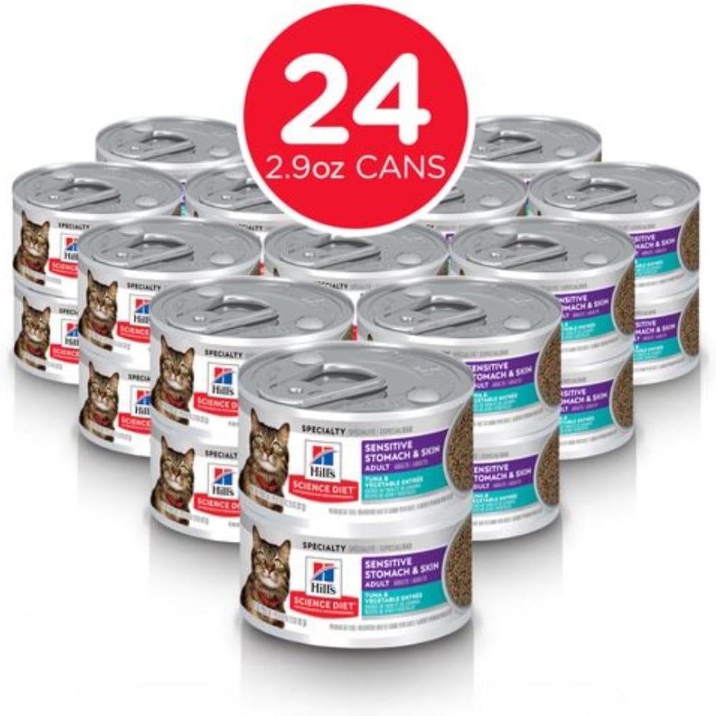 image:imageHills Science Diet Sensitive Stomach amp Skin Wet Cat Food Variety Pack 1 Veterinarian Recommended Adult Formula Chicken Tuna amp Salmon 29 oz Cans 24PackTuna Vegetables Minced
