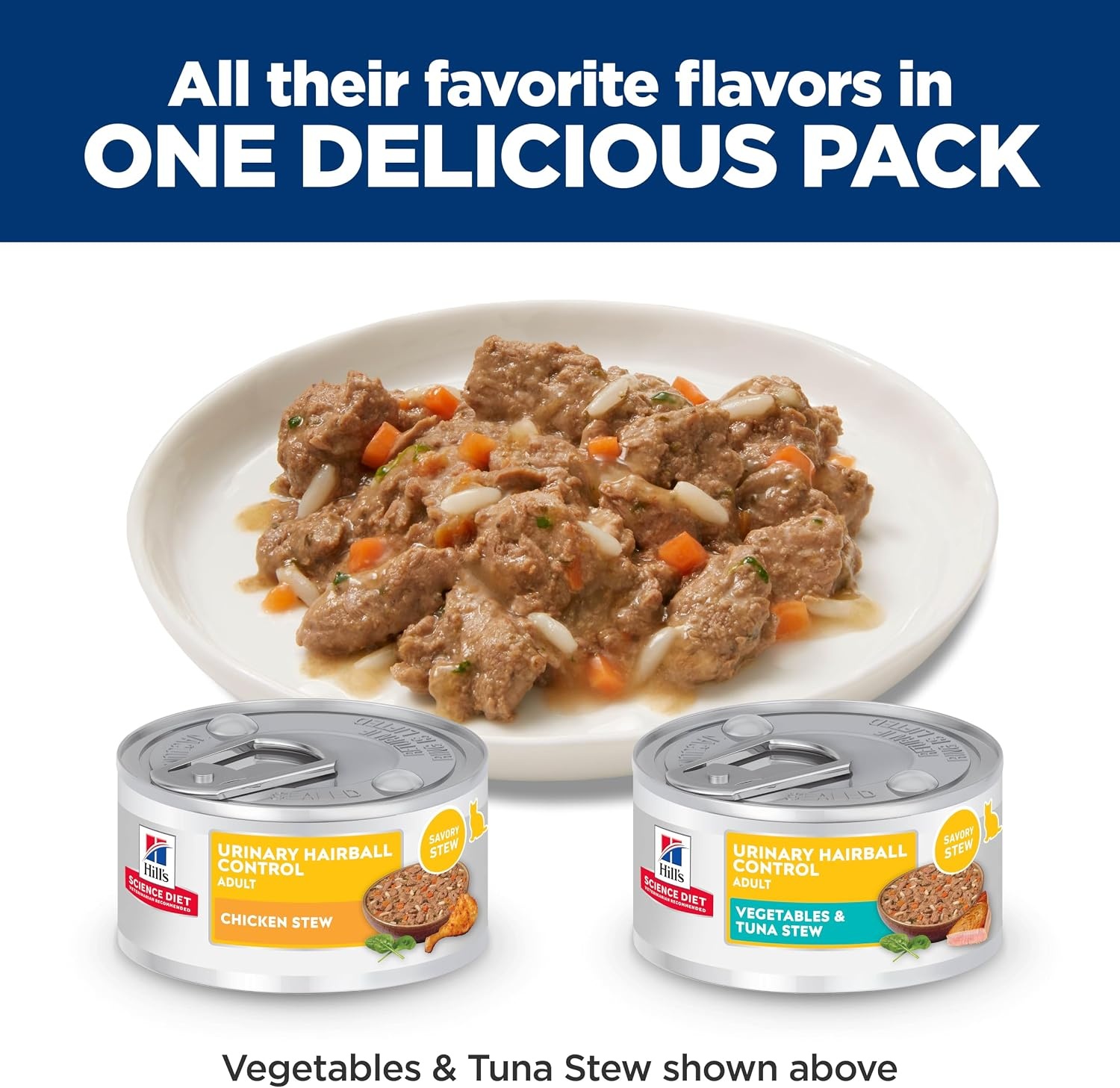 image:imageHills Science Diet Urinary amp Hairball Control Wet Cat Food Variety Pack 1 Veterinarian Recommended Adult Formula Chicken Tuna amp Salmon 29 oz Cans 24PackVariety Pack Chicken Tuna Vegetables Stew