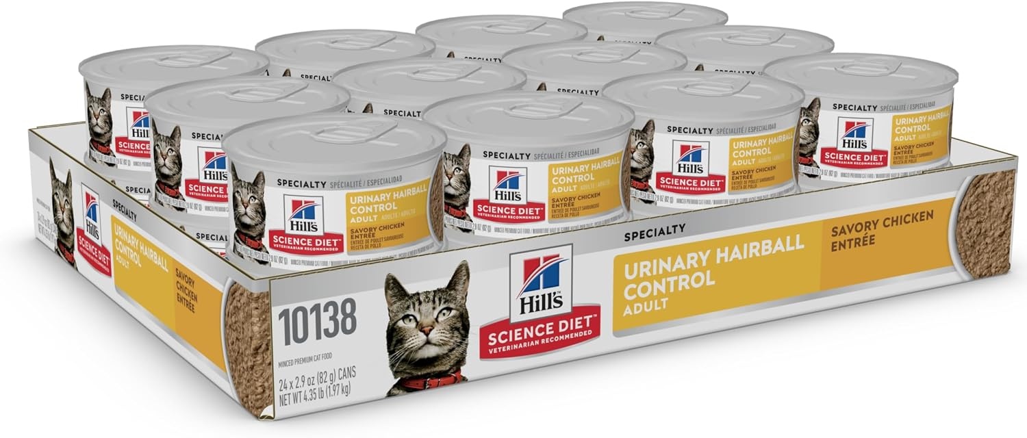 image:imageHills Science Diet Urinary amp Hairball Control Wet Cat Food Variety Pack 1 Veterinarian Recommended Adult Formula Chicken Tuna amp Salmon 29 oz Cans 24PackChicken Minced
