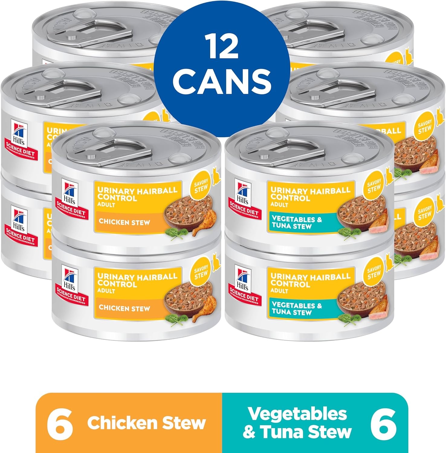 image:imageHills Science Diet Urinary amp Hairball Control Wet Cat Food Variety Pack 1 Veterinarian Recommended Adult Formula Chicken Tuna amp Salmon 29 oz Cans 24PackVariety Pack Chicken Tuna Vegetables Stew