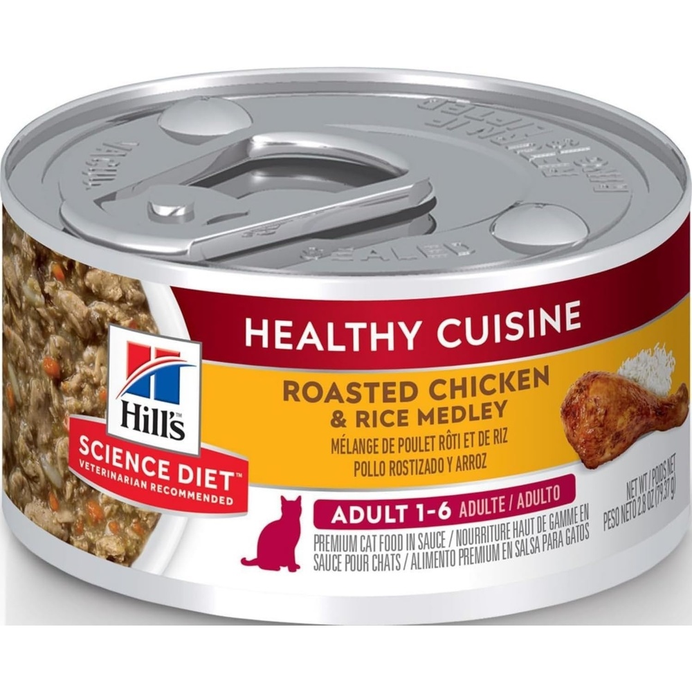 image:imageHills Science Diet Healthy Cuisine Wet Cat Food Variety Pack  1 Veterinarian Recommended Adult Formula Chicken Tuna amp Salmon Medley 28 oz Cans 24PackRoasted Chicken  Rice Stew