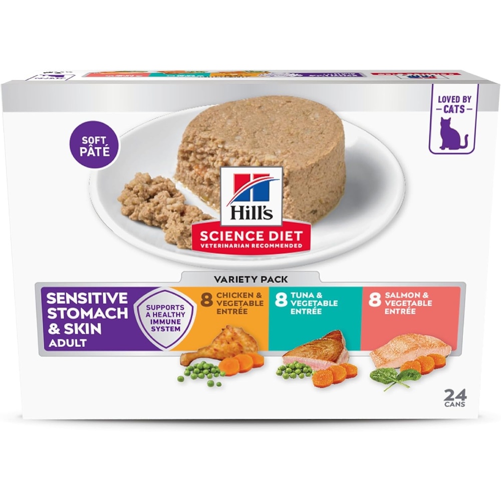 image:imageHills Science Diet Sensitive Stomach amp Skin Wet Cat Food Variety Pack 1 Veterinarian Recommended Adult Formula Chicken Tuna amp Salmon 29 oz Cans 24PackVariety Pack Chicken Tuna Salmon