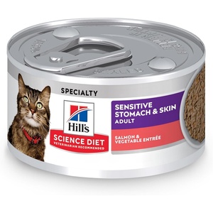 Hill’s Science Diet Sensitive Stomach & Skin Wet Cat Food Variety Pack | #1 Veterinarian Recommended, Adult Formula, Chicken, Tuna, & Salmon, 2.9 oz. Cans, 24-Pack(Salmon & Vegetables Minced)